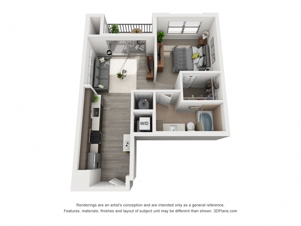 Floor plan for studio, 1 bath, 617 sqft